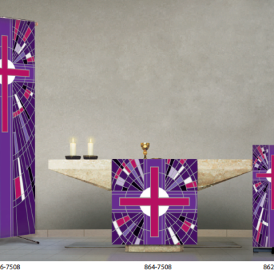 Conjunto decoración de altar de parroquias. Juego de estandarte, cubre altar y cubre ambón.
